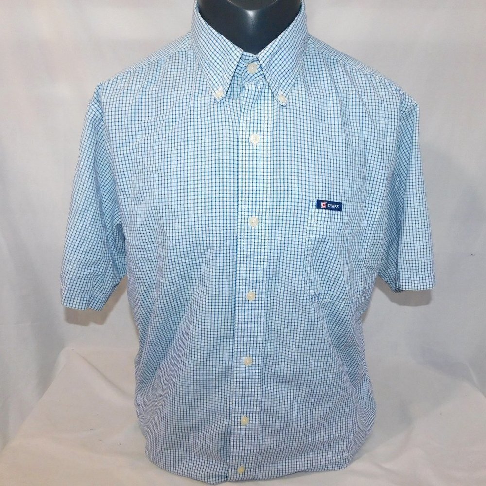 CHAPS Blue White Check Short sleeve Button Front shirt Mens L